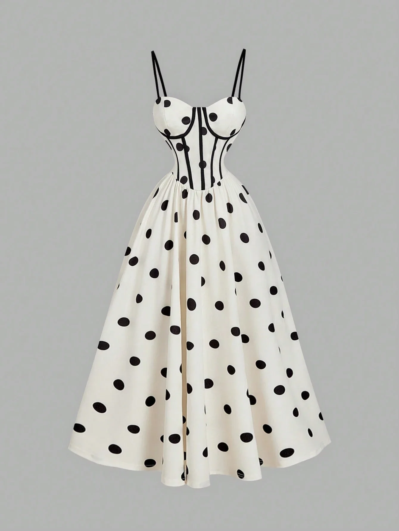 

Белое платье миди в горошек с корсетным лифом и тонкими бретелями для торжественных мероприятий и праздников