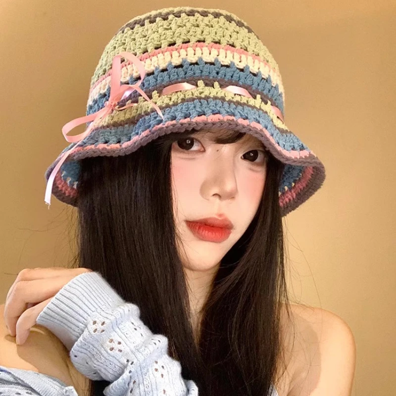 

Korean Lace-up Bow Colored Knitted Bucket Hat Women's Spring and Autumn Hollow Color Matching Hand-crocheted Dome Basin Cap