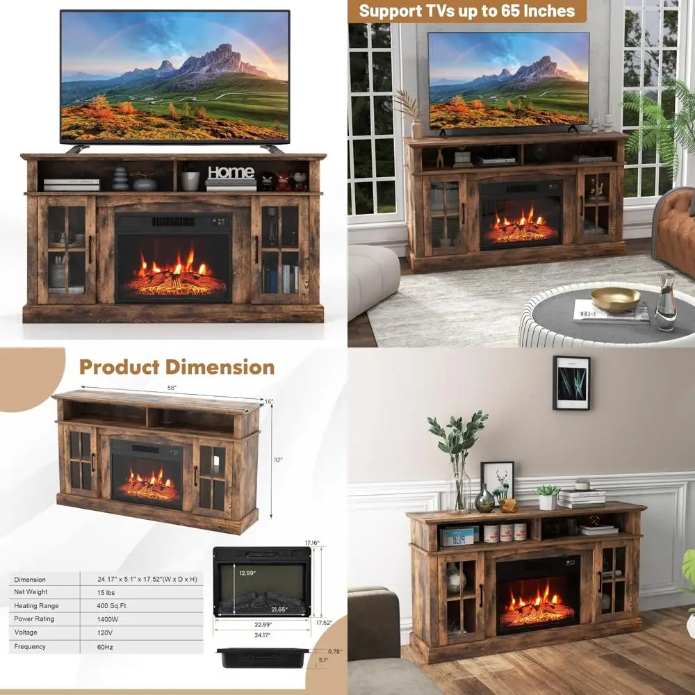65 Electric Fireplace TV Stand, 1400W Heater, Remote Control, 6H Timer, Adjustable Flames