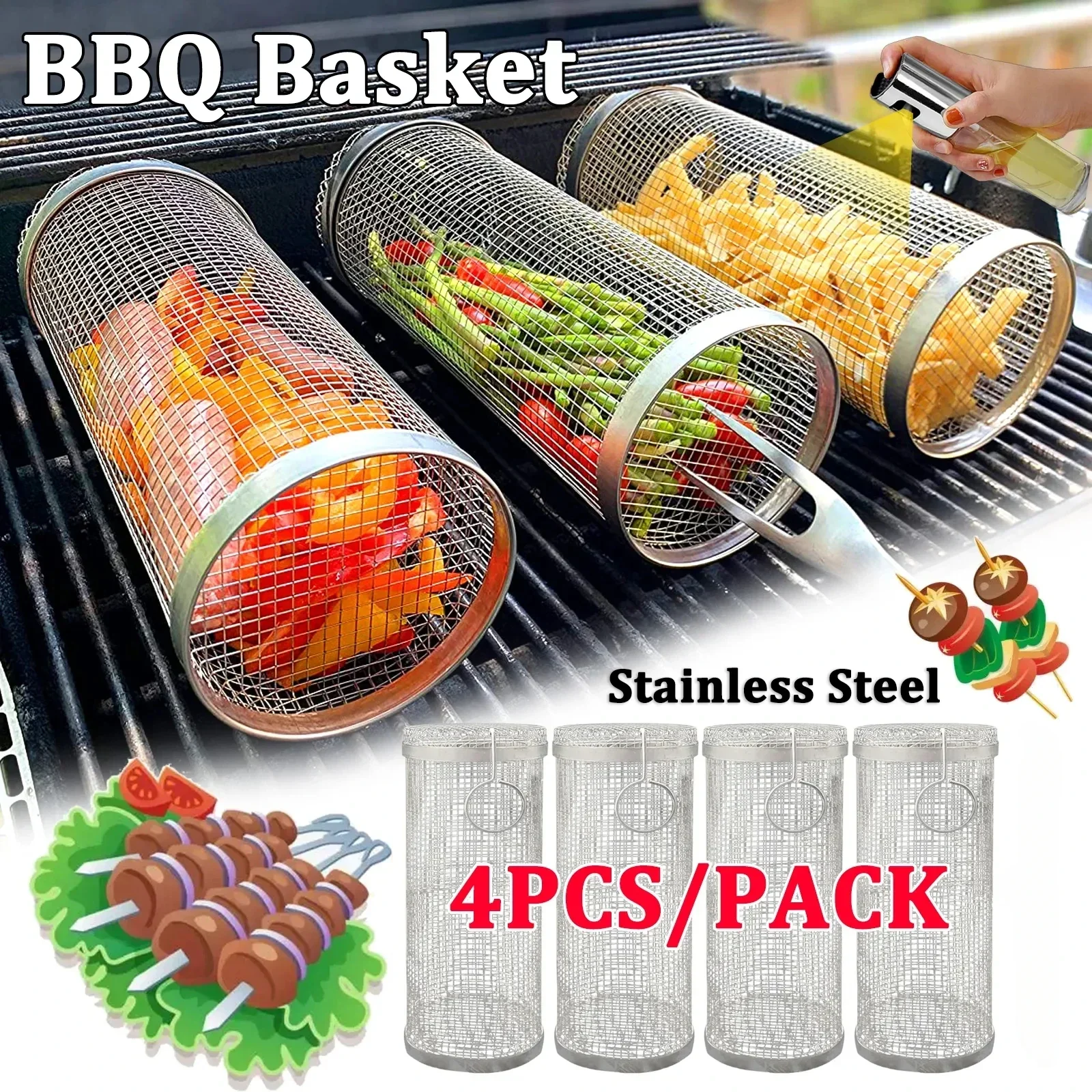 Rolling Grilling BBQ Basket Stainless Steel Leak proof Mesh Barbecue Rack Outdoor Picnic Camping Simple Cylindrical BBQ Grill