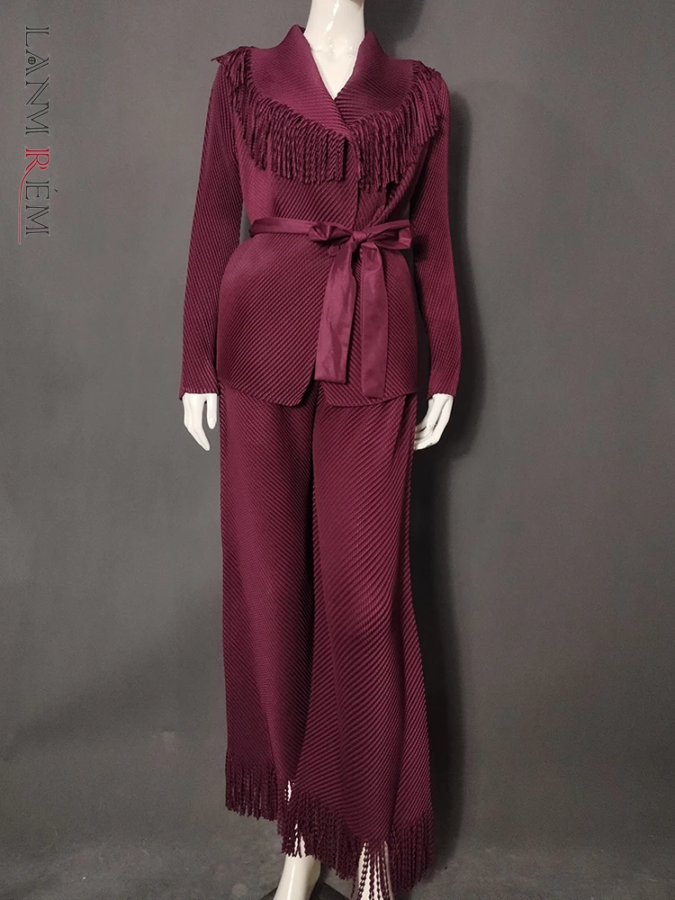 LANMREM Office Lady Pleated 2 Piece Set For Women Tassel Lapel Belt Gathered Waist Coat + Long Trousers Casual 2025 New 32C2091