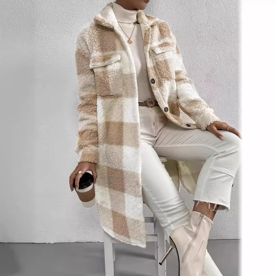 秋冬新作 シンプルな襟付き レディース プラッシュ 暖かいコート ファッション チェック柄 女性 カジュアル ゆったり ロングコート