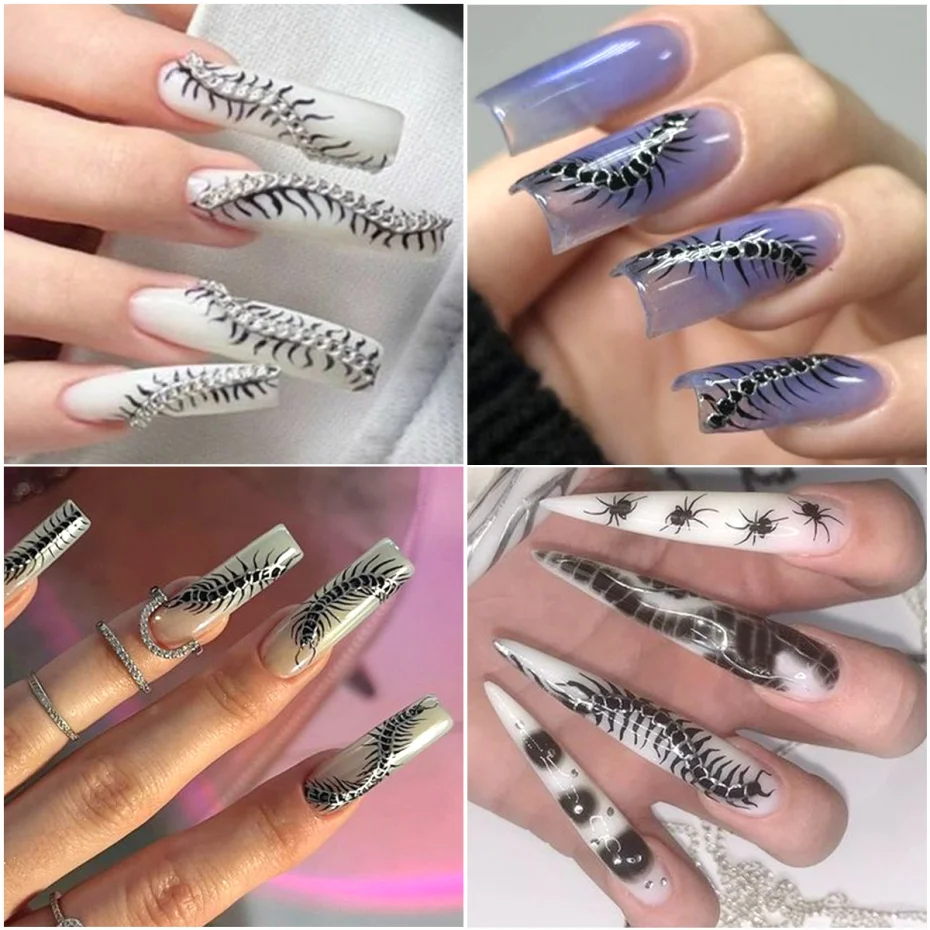 2pcs 3D Centipede Spider Halloween Nail Stickers Y2K Metallic Chrome Designs Self-Adhesive Sliders Decals Nail Art Decorations