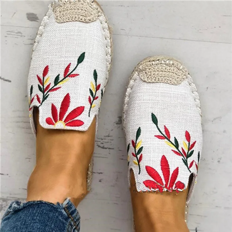 Women Embroider Hemp Flats Slippers Slip on Casual Canvas Shoes Sewing Ladies Breathable Female Fashion Comfort Outdoor Footwear