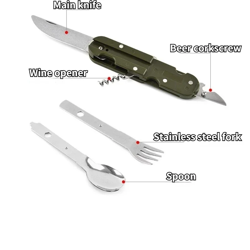 Army Green Camping Supplies Travel Camping Fork Spoon  Bottle Opener Folding Picnic Set Stainless Portable Equipment Tableware