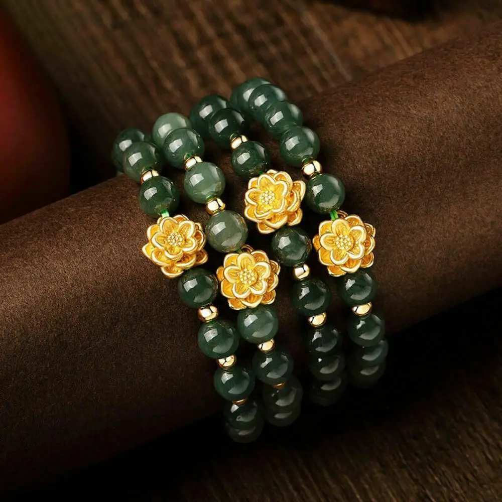 Pure Gold Bracelet For Women 24K Yellow Gold Lotus with 7-8mm Natural Olil Green Jade Bracelet 14K Gold Bead 4mm Gold Jewelry