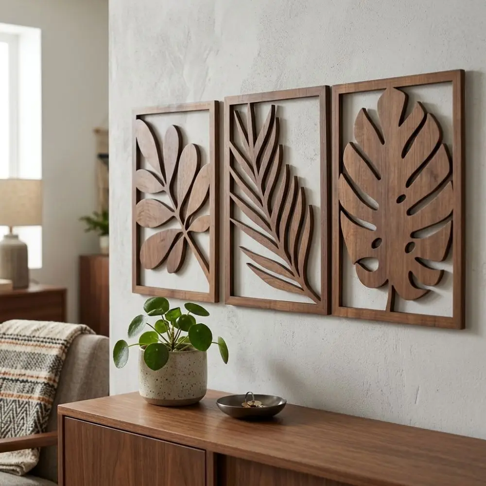 3Pcs Rustic Wooden Tropical Leaves Wall Sign Artistic Cutout Leaf Monstera Wall Panel Set Botanical Pattern Farmhouse