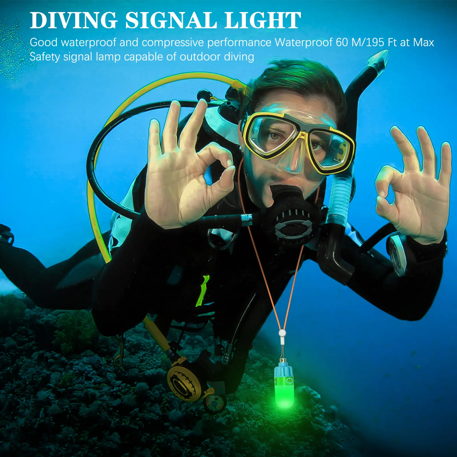 إشارة أمان للغوص على شكل ضفدع البحر، ضوء خارجي للتخييم والمشي لمسافات طويلة والجري الليلي بطول 60 مترًا، ضوء إنقاذ مضيء مقاوم للماء