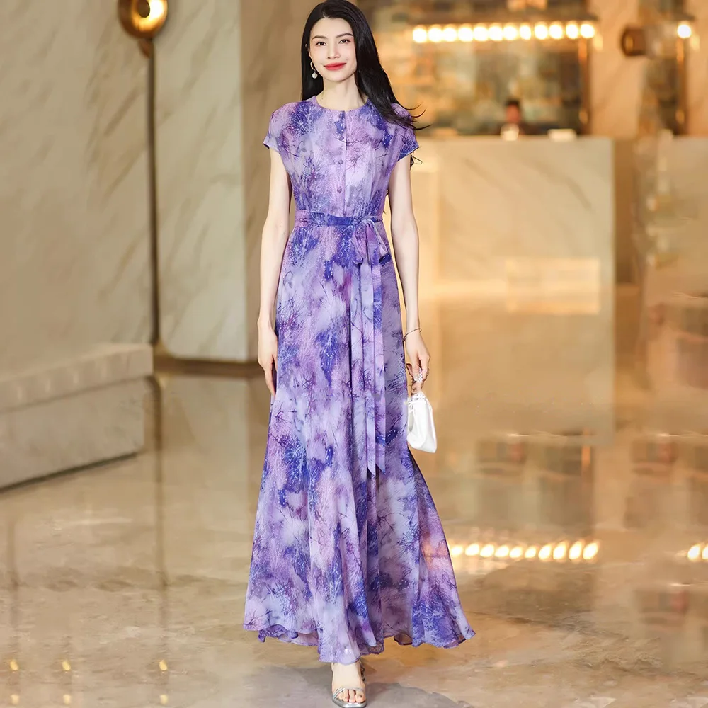 

New Women Summer Elegant Print Dress Fashion O-Neck Short Sleeve High Waist Slim Dress Simplicity Beautiful Basic Long Dress