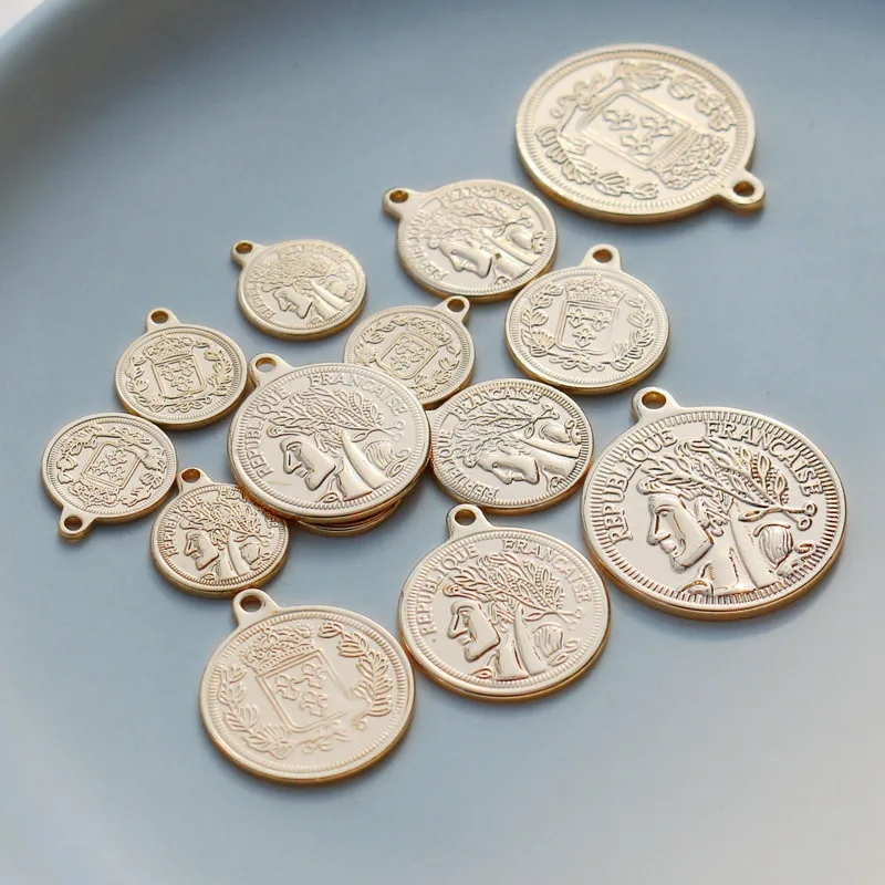 14K Copper Gold Plated Vine Portrait Coin Round Tag Pendant DIY Jewelry Charms Bracelet Necklace Earring Making
