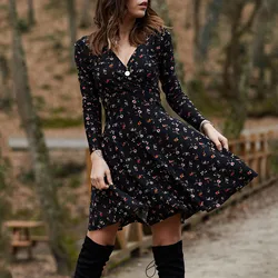 Vestido Midi elegante Vintage con estampado Floral para mujer, vestido Retro de cintura alta drapeado de manga larga para mujer, vestido de fiesta y citas 2024