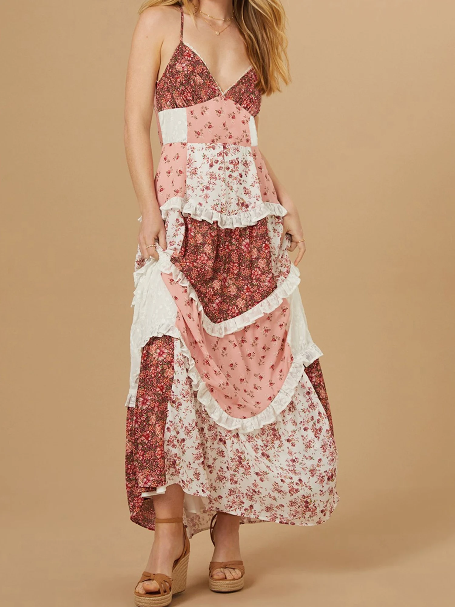 Robe longue de Style bohème avec ourlet à volants et détails à nouer au dos pour femmes robe d'été élégante sans manches à col en V