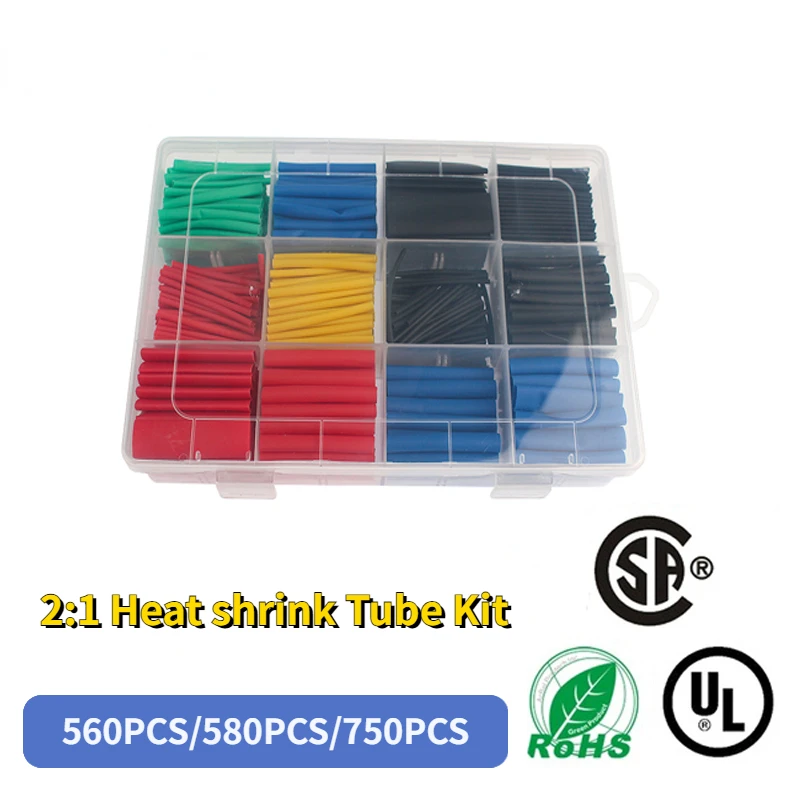 560/580/750pcs/Box  2:1 Shrinking Assorted Polyolefin Insulation Sleeving Wire Cable Sleeve Wrap Tubing Heat Shrink Tube