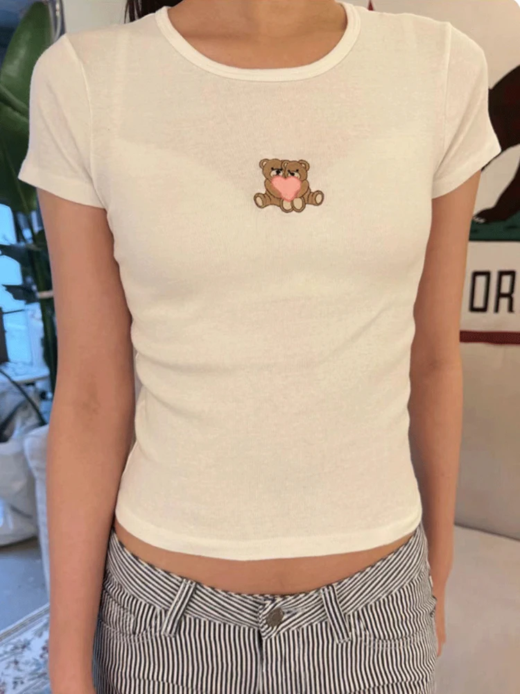 Little Bears Heart Embroidery White T Shirt Women Summer Cotton O-neck Slim Short Sleeve Tees Vintage Solid Sweet Cute Crop Top