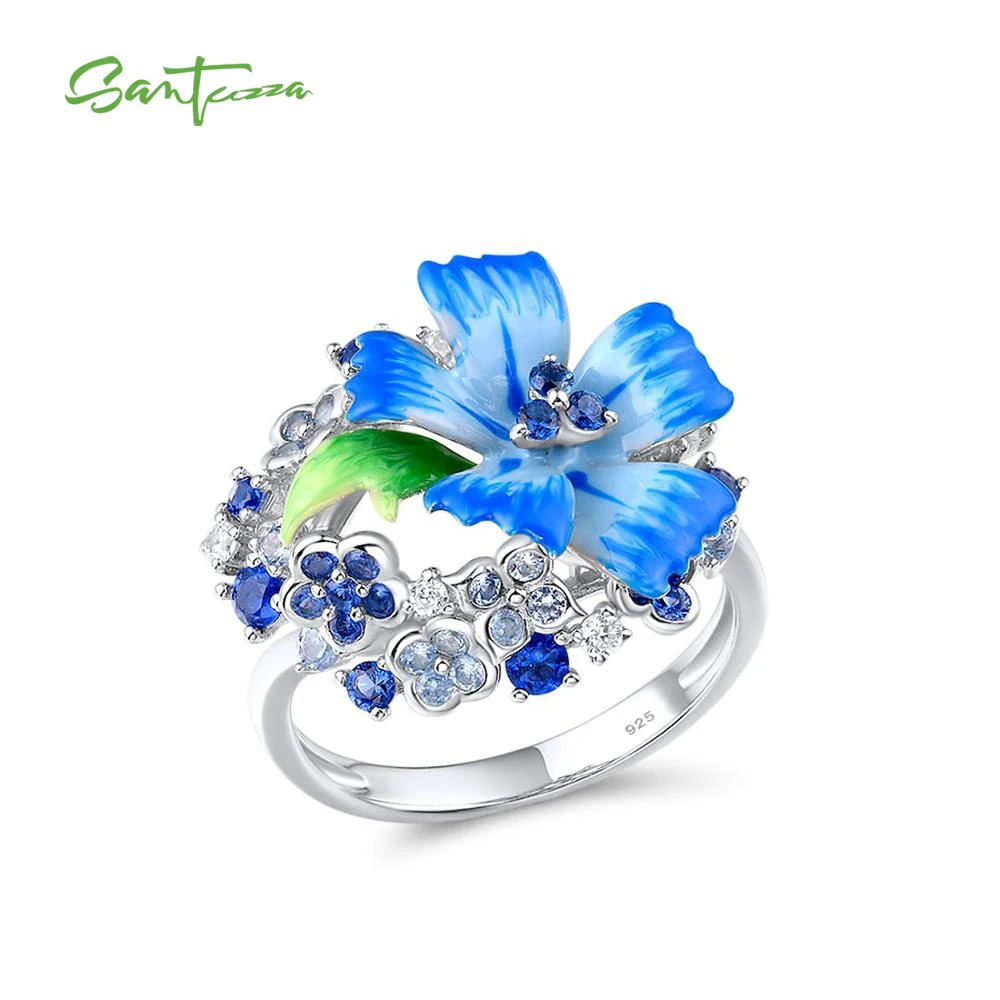 SANTUZZA Silver Rings For Women Genuine 925 Sterling Silver Delicate Blue Flower Trendy Fine Jewelry Handmade Enamel