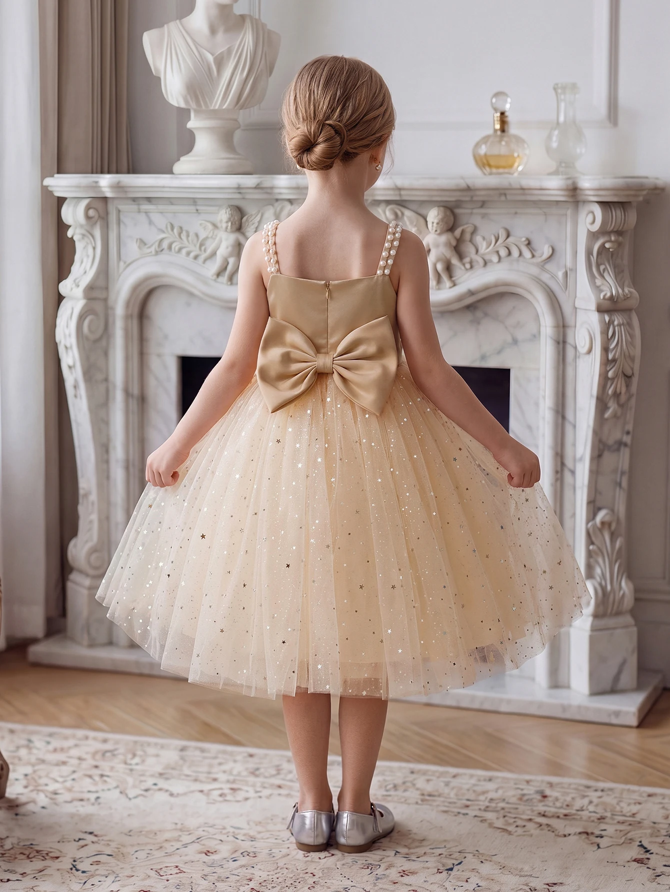 Girls' Spaghetti Strap Beaded Sequin Party Dress, Elegant Princess Dress Made of Tulle, Suitable for Girls' Birthday Parties, Valentine's Day Gifts, Parties, Balls, Flower Girl Weddings, Stage Performances, and Importa