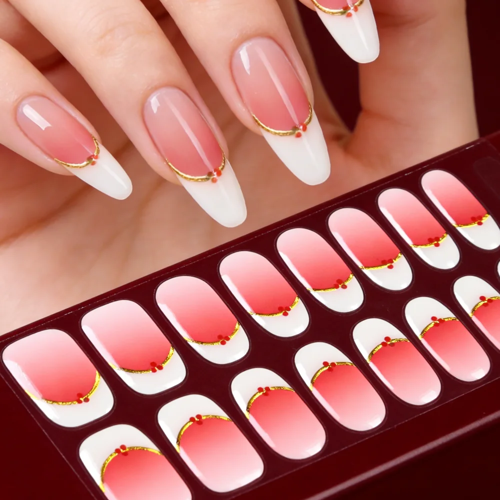 16Tips Pink Gradient with Gold Line Gel Nail Strips White French Full Cover Nail Wraps UV/LED Lamp Curing Gel Nail Art Stickers