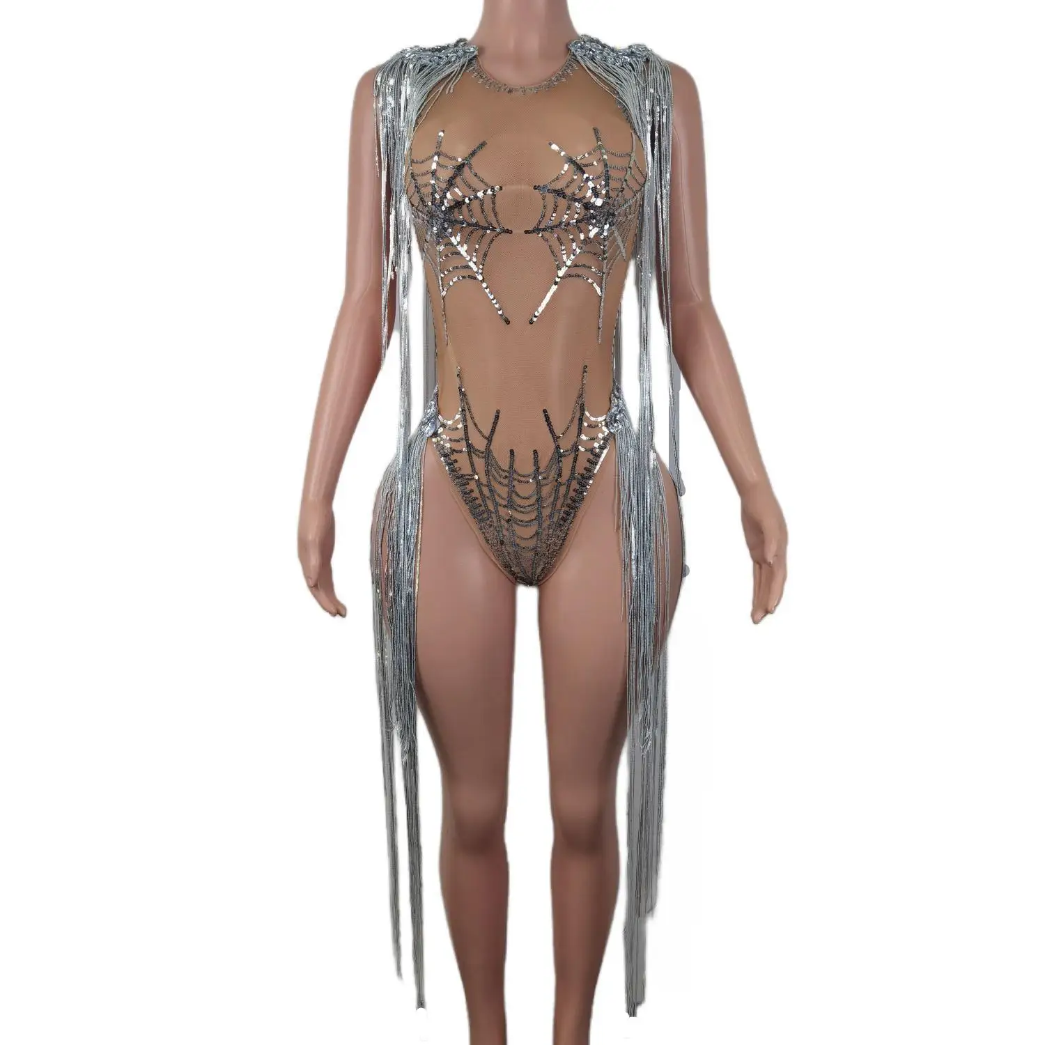 

Sliver Spider Web Sequins Women Bodysuit Dance Performance Costumes Shining Tassel Sleeveless Romper Lady Sexy Fringes Jumpsuit