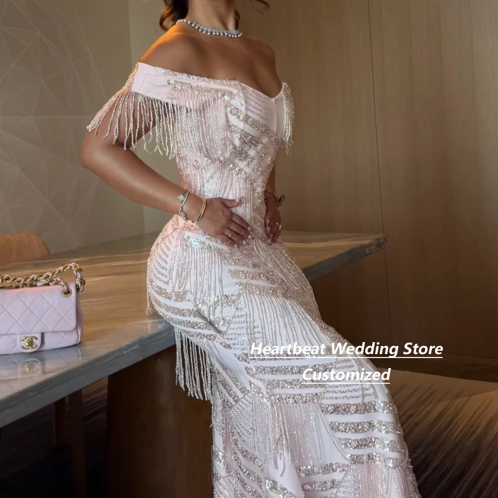Customized Pink Sequin Fringe Mother Of The Bride Gown Off-the-shoulder Tassel Mermaid Slim Fit Wedding Guest Evening Gown