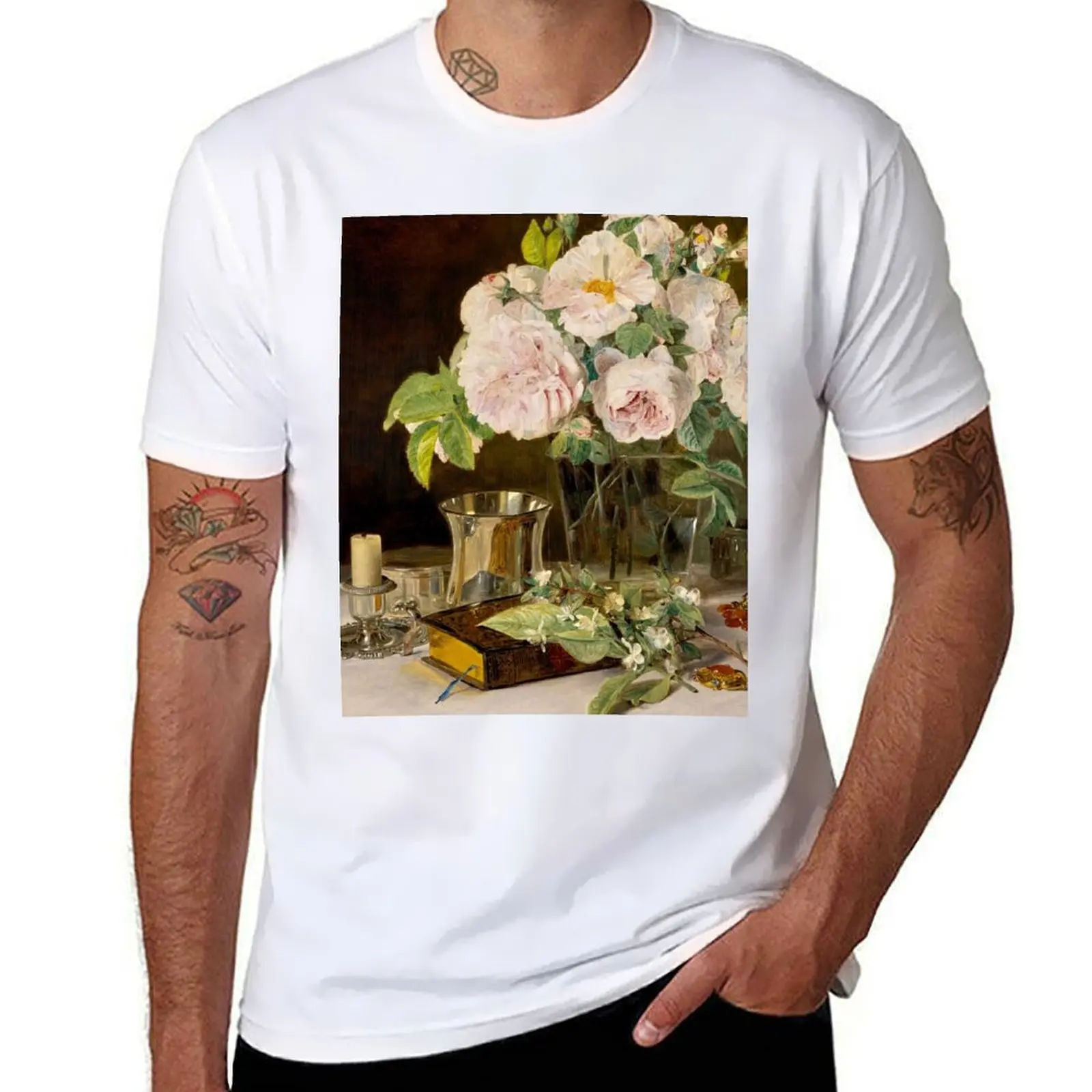 

Still Life of Roses in a Glass Vase, A Candlestick, A Book, and Silver Cup by Ferdinand Georg Waldmüller (retouched) T-Shirt