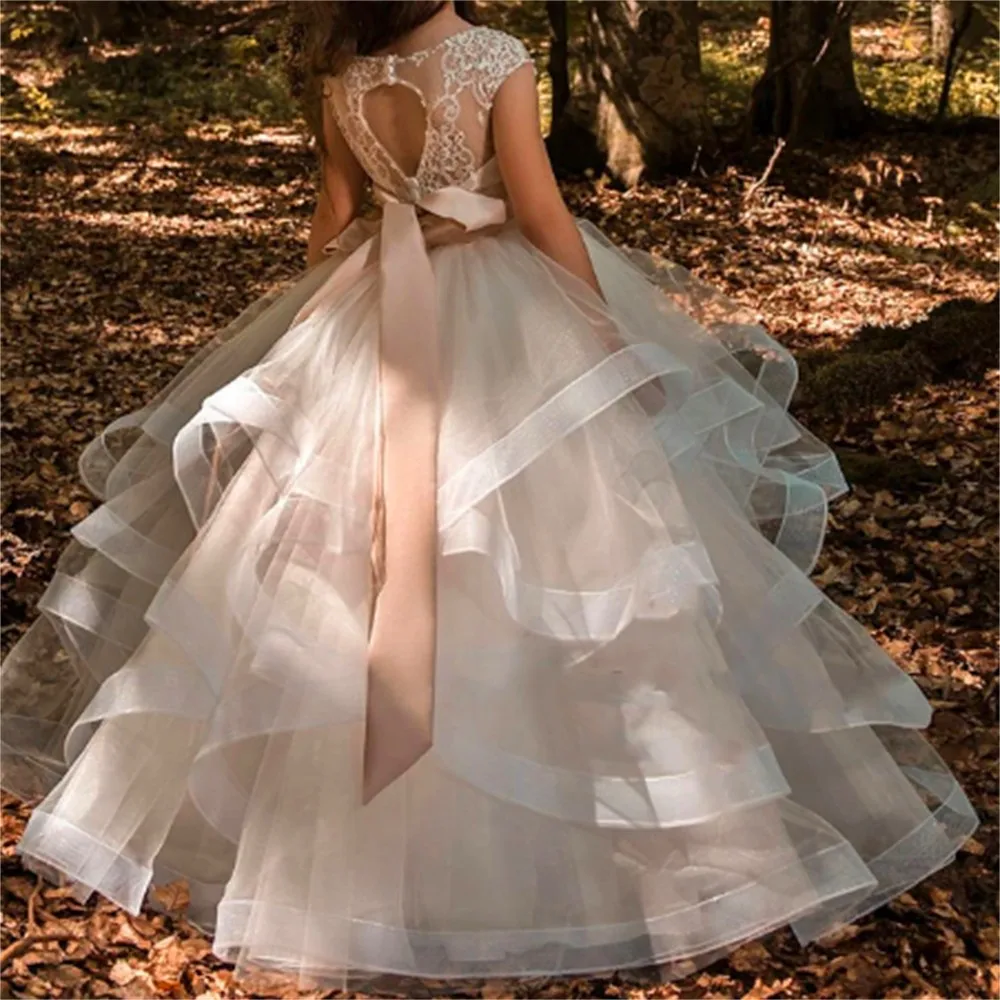 Calcomanías de encaje sin mangas para niños, vestido de niña de flores en capas, Bola de princesa, desfile de belleza, primera comunión, regalo de cumpleaños sorpresa