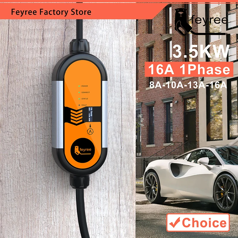 feyree EV Portable Charger Type2 3.5KW Adjustable Current 8/10/13/16A Type1 j1772 Schuko Plug Wallbox for Electric Vehicle Car