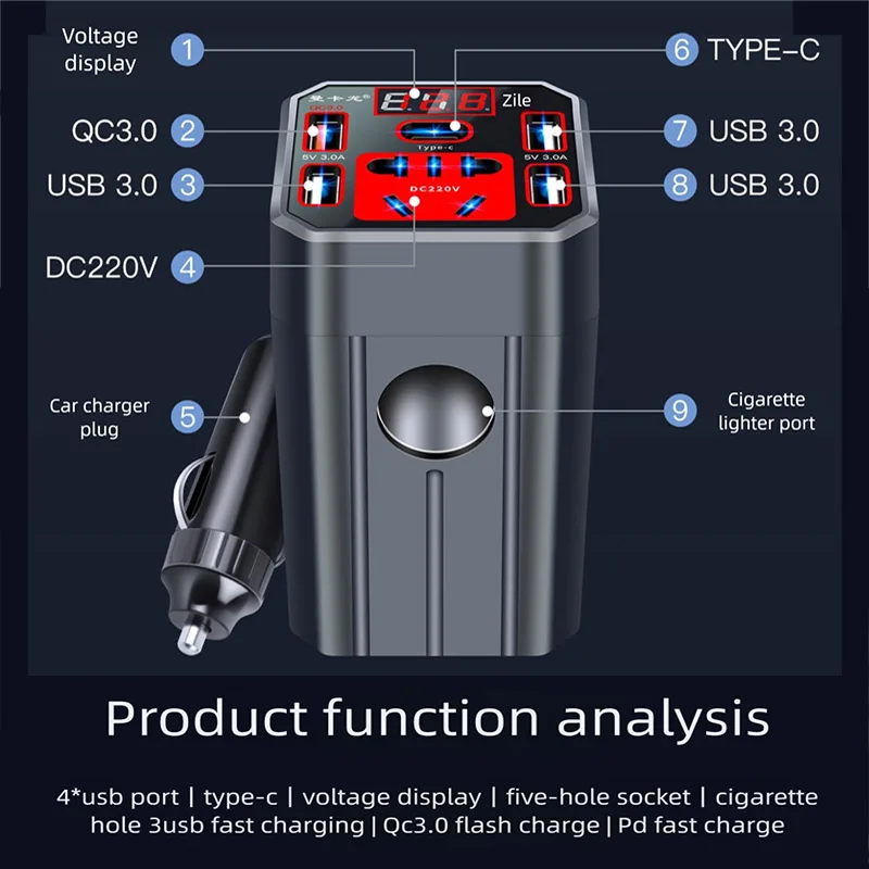 Car Inverter DC12V/24V to DC110V/220V LED Display Screen Fast Charging Power Adapter Outdoor Car Truck Cigarette Lighter Socket