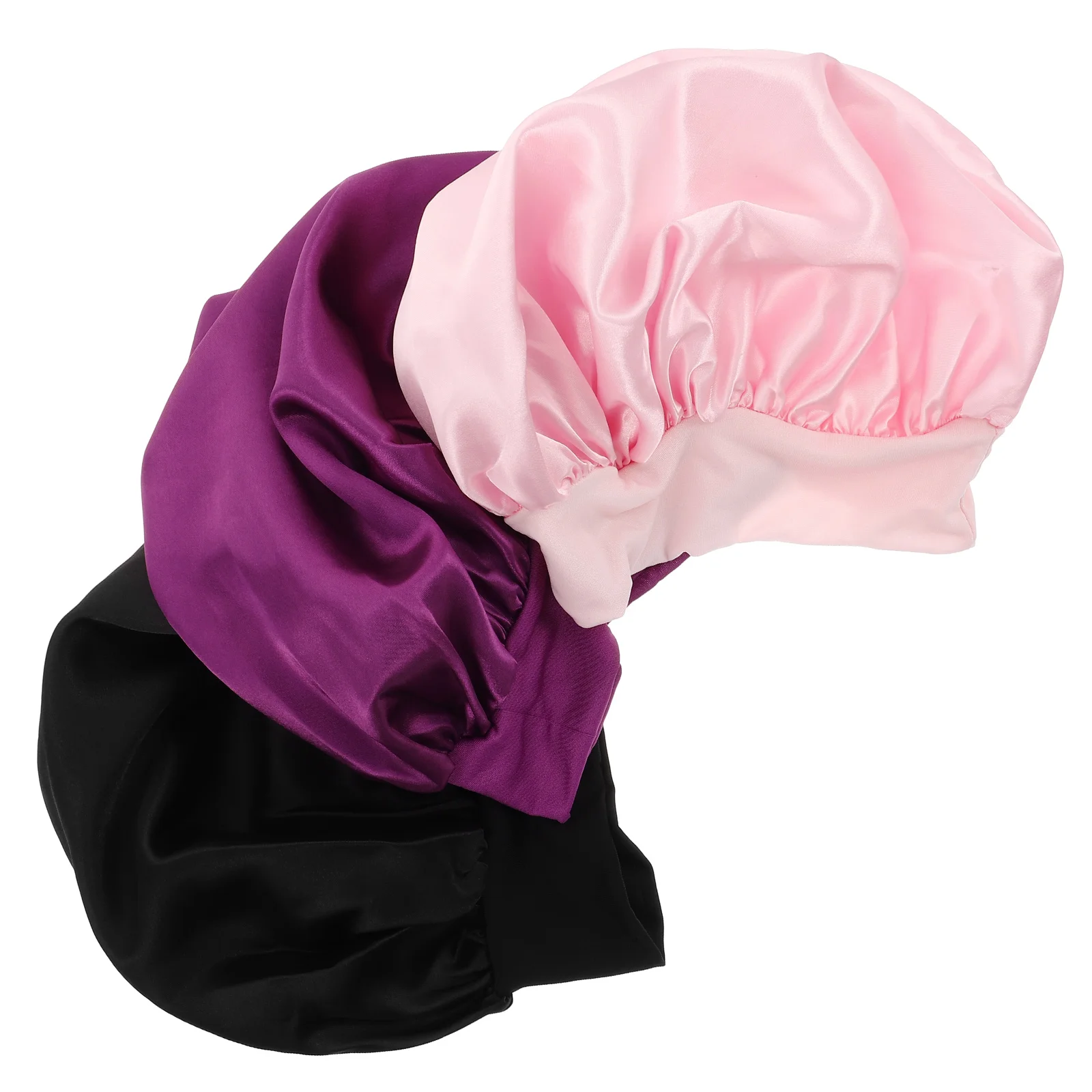 3Pc Children Satin Sleep Bonnet Elastic Wide Band Round Sleep Hair Care Hat for Children 1pc each in Purple