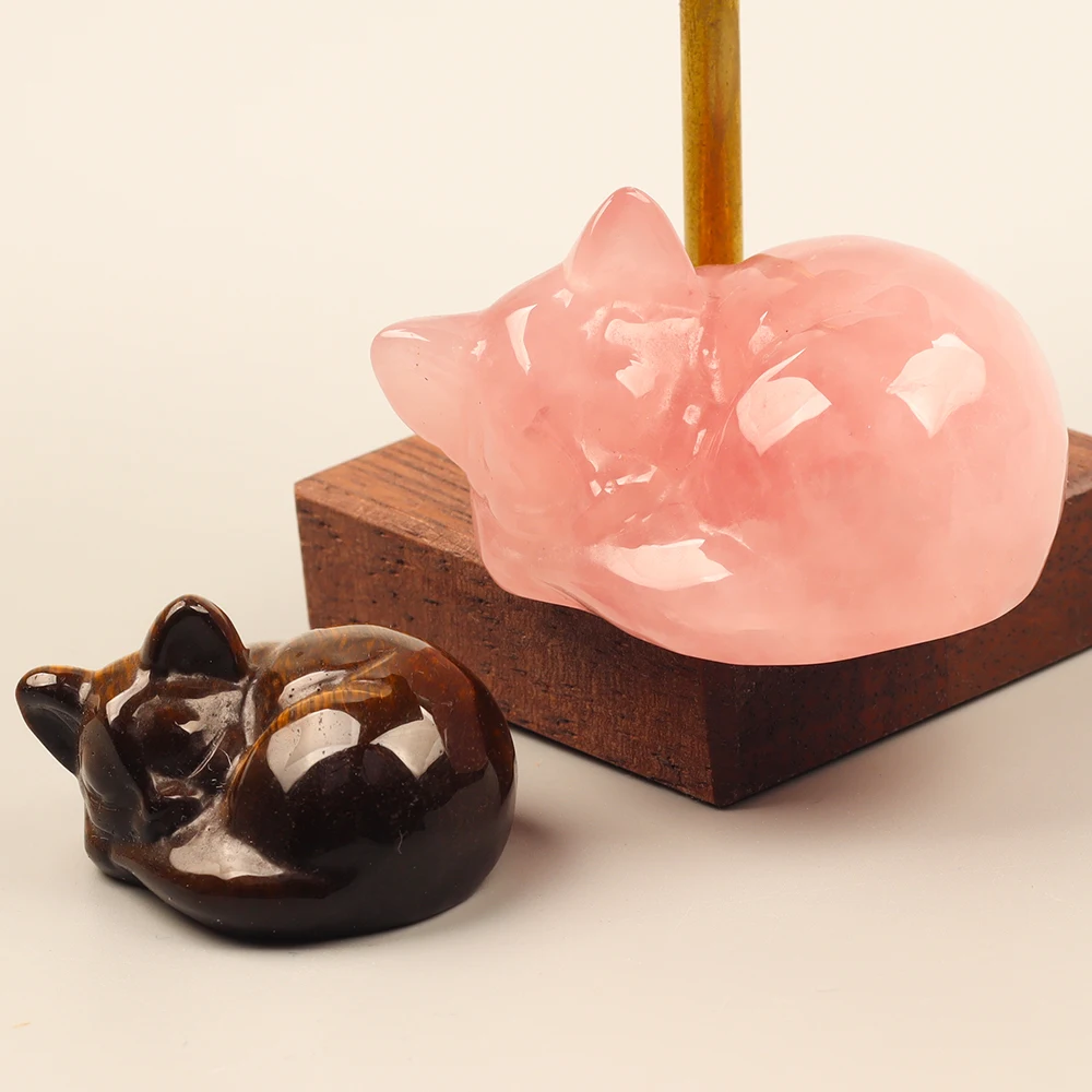 Grande Taille Œil de Tigre Chat Endormi Sculpté en Cristal Pierre Naturelle Minérale Guérison Souvenir 2,2 Pouces Thème Zoo Décoration