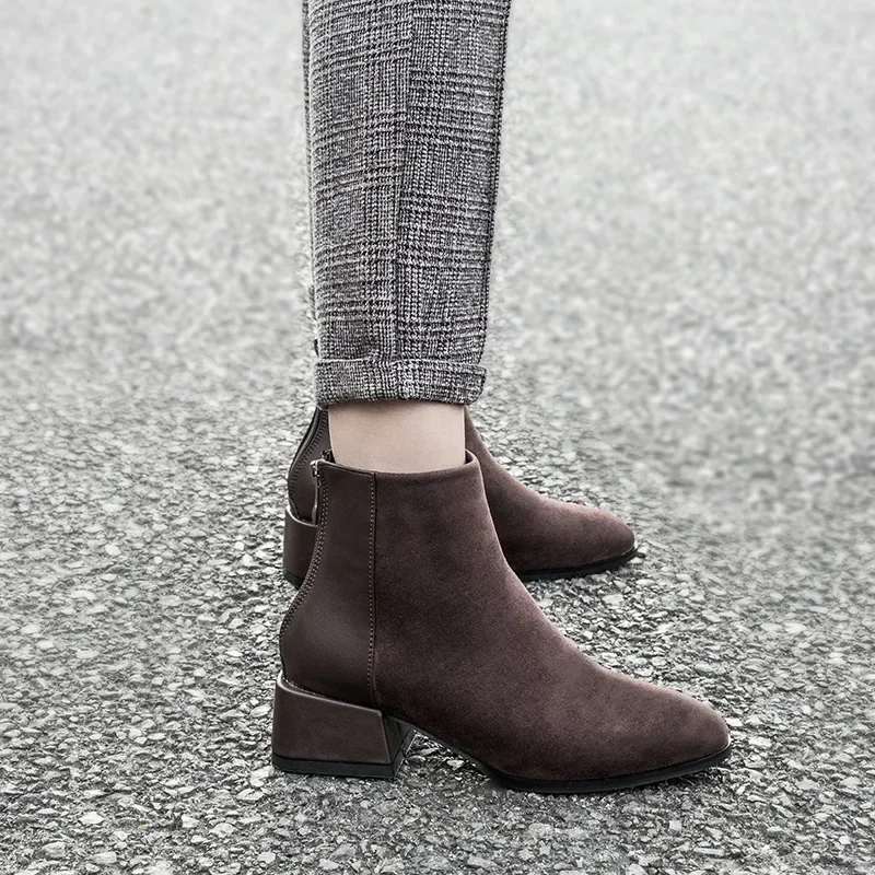 Cow Suede Ankle Modern Boots Spring/Autumn Square Toe Women's Shoes on Sale 2024 New Mid Heel Solid Concise Women's Boots