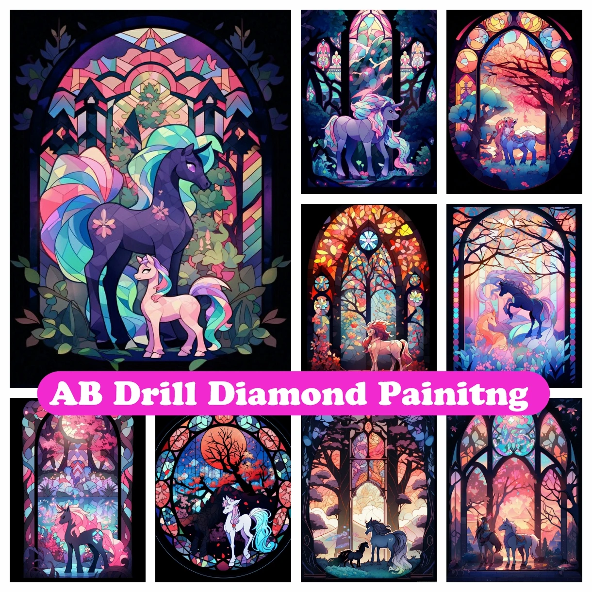 

Stained Glass Horse AB Diamond Painting Embroidery Fantasy Cartoon Animal Art Handmade Cross Stitch Mosaic Handicraft Home Decor