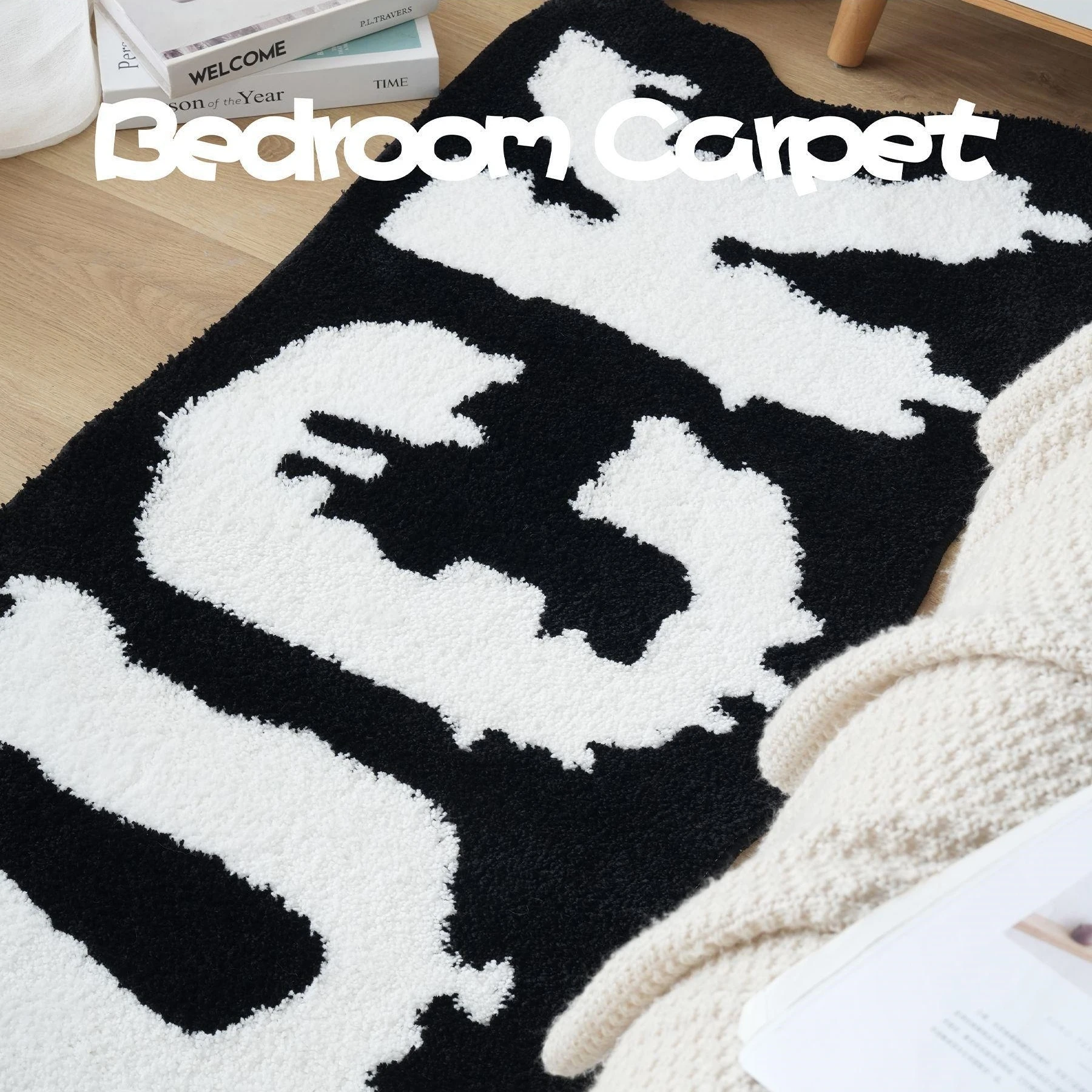Black and White Long Carpet Bedside Flocking Tufted Living Room for Bedroom Dorm Suitable for Bedroom Decor Housewarming Gift