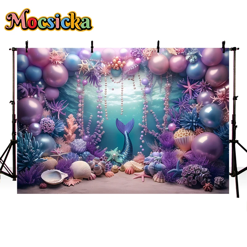 Mocsicka Photography Background Mermaid Underwater World Decor Cake Smash Birthday Party Kids Portrait Backdrop Photo Studio