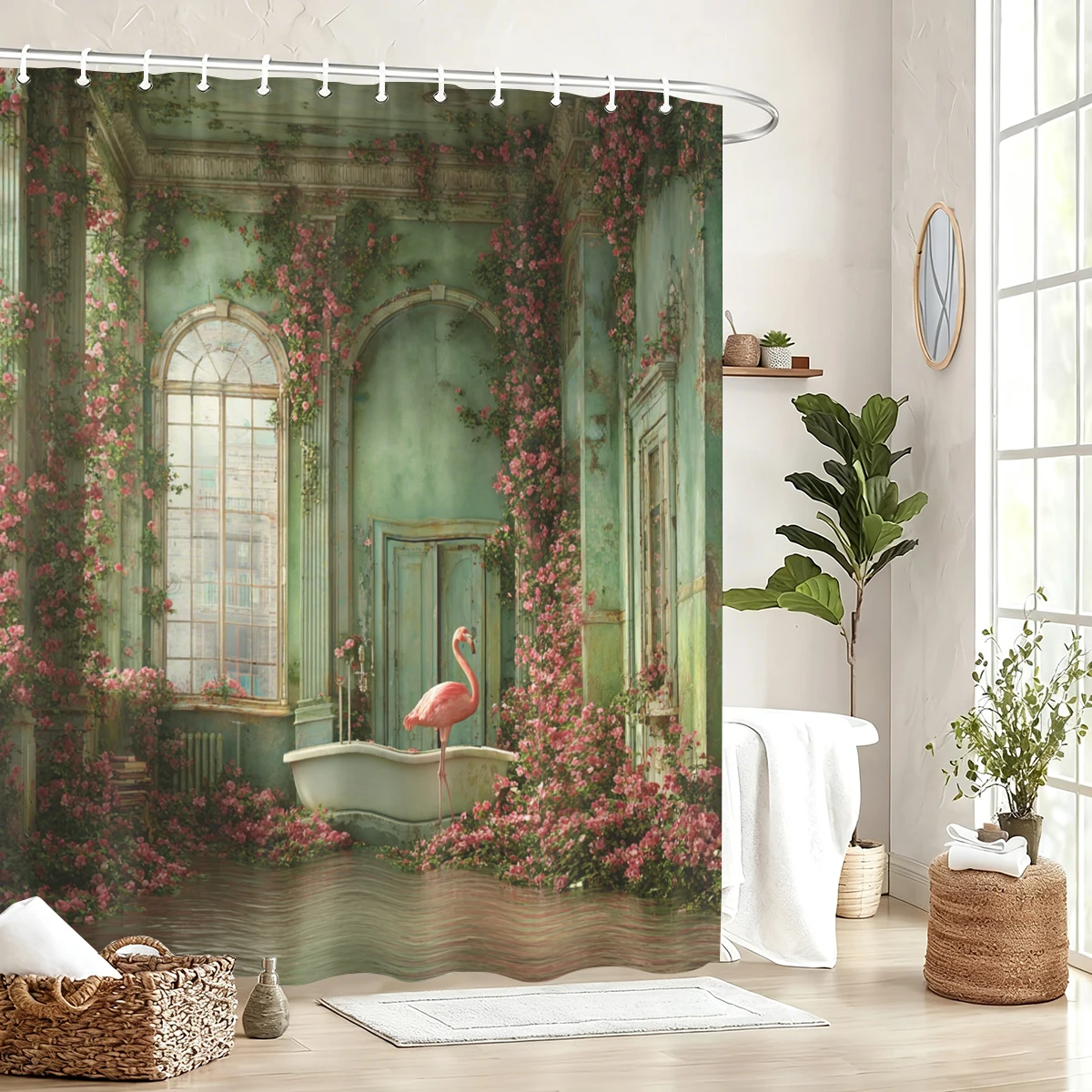 Vintage Themed Polyester Shower Curtain - Artistic Bathtub & Floral Scene Printed Bathroom Decorative Curtain