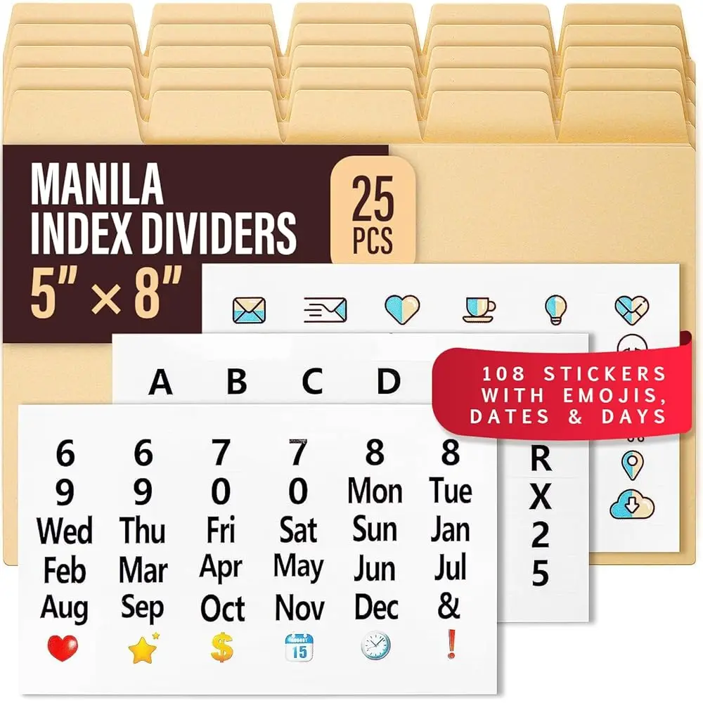 

25 разделителей для картотечных коробок формата Manila Index Card Box, с вкладками и 108 наклейками, алфавитные разделители для картотечных коробок 5x8.