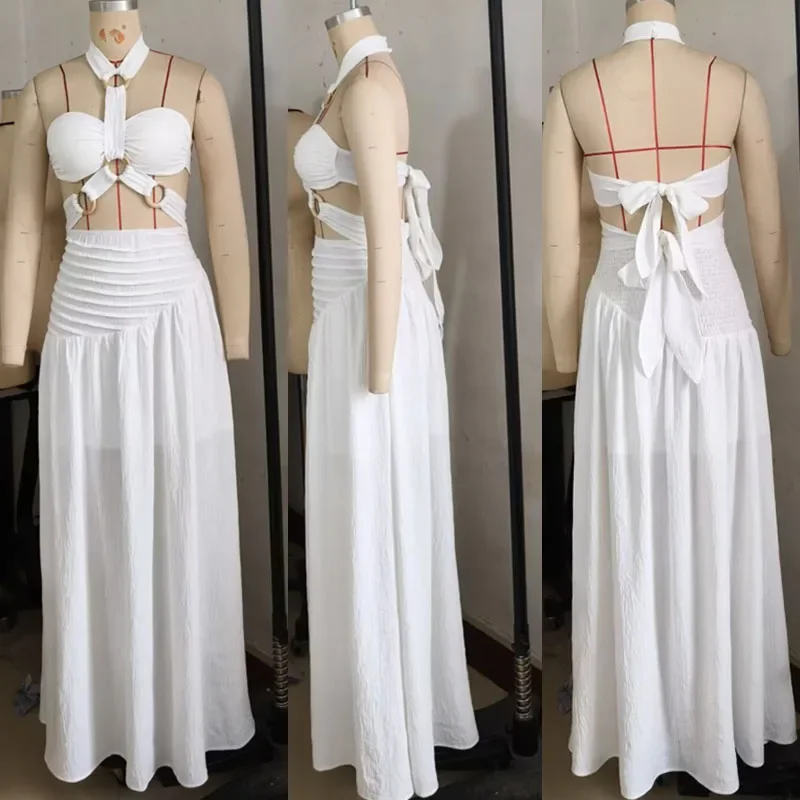 섹시한 홀터 백리스 맥시 드레스 세트 여성 투피스 세트 페스티벌 의상 Y2K 밴디지 홀로우 아웃 탑과 롱 스커트 매칭 세트