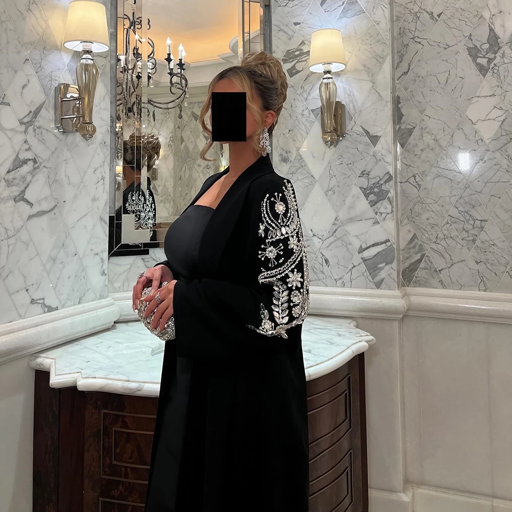 

Customized Square Collar Black Jersey Formal Evening Dress Crystal A-line Full Sleeves Floor Length Party Prom Gown For Women