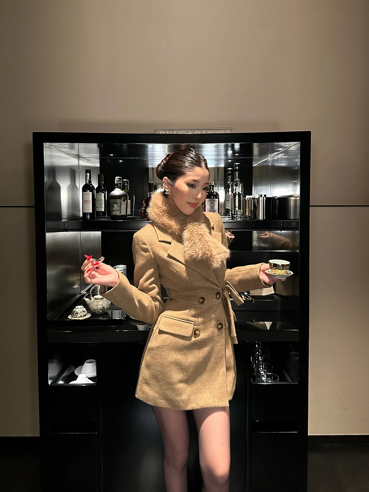 

Autumn Winter New Sle Woolen Coat Women's Dr Coat Waist-Cinching Warmth Fur Collar Wool Blend Long Sve Korean Sle