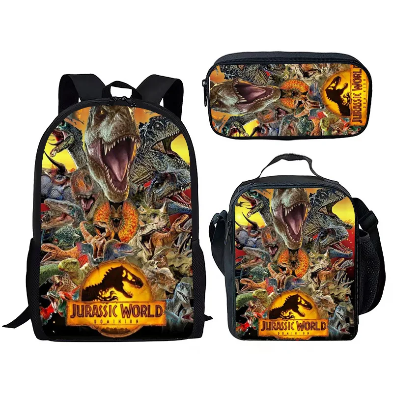 Jurassic World Dinosaur 3pcs/Set Backpack 3D Printed School Student Bookbag for Teens Men Laptop Daypack Lunch Bag Pencil Case