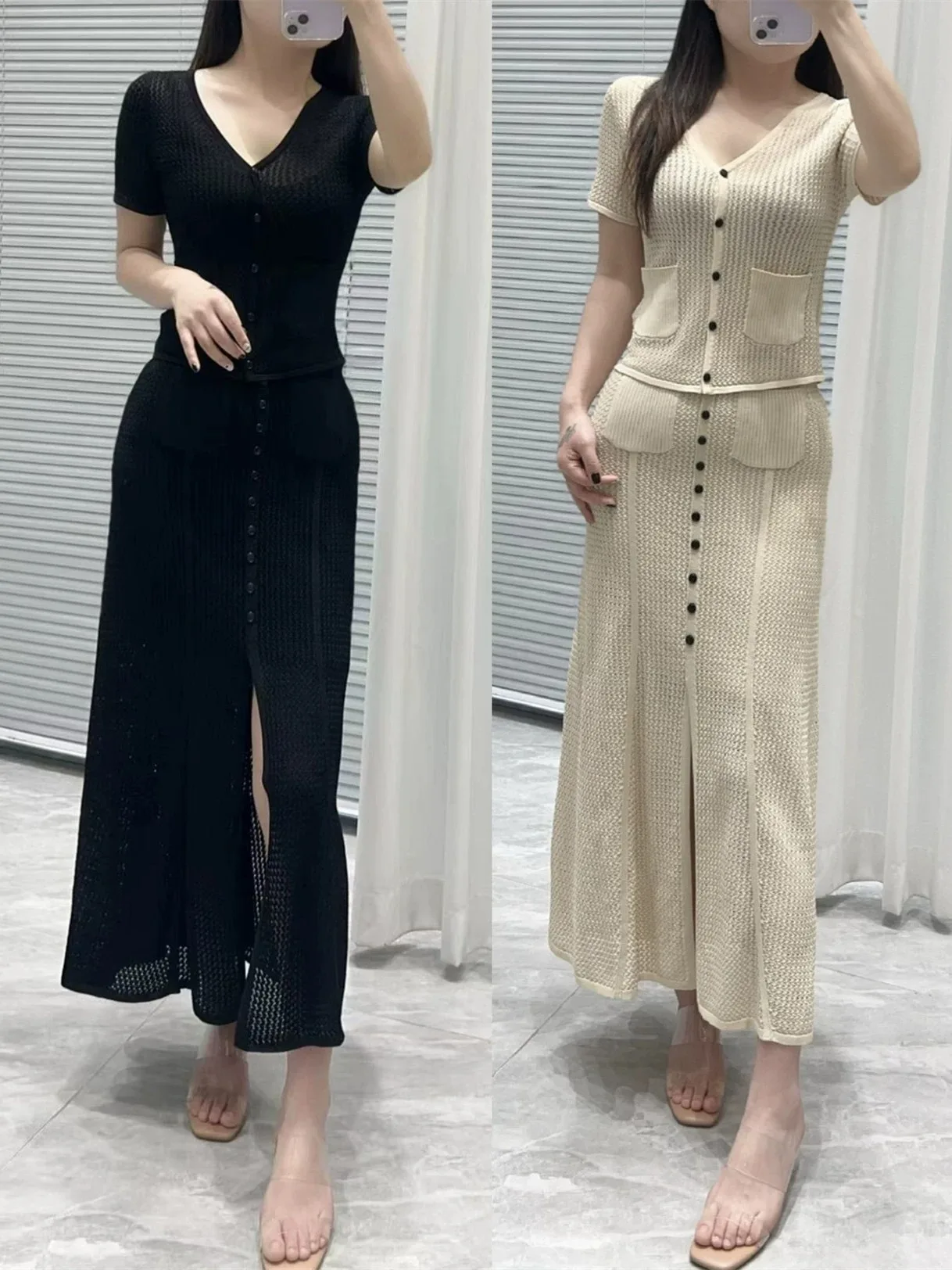 

Высококачественная версия, летний дизайн, простой полый V-Ne ort Sve, вязаный топ, кардиган, комплект с юбкой длиной для женщин