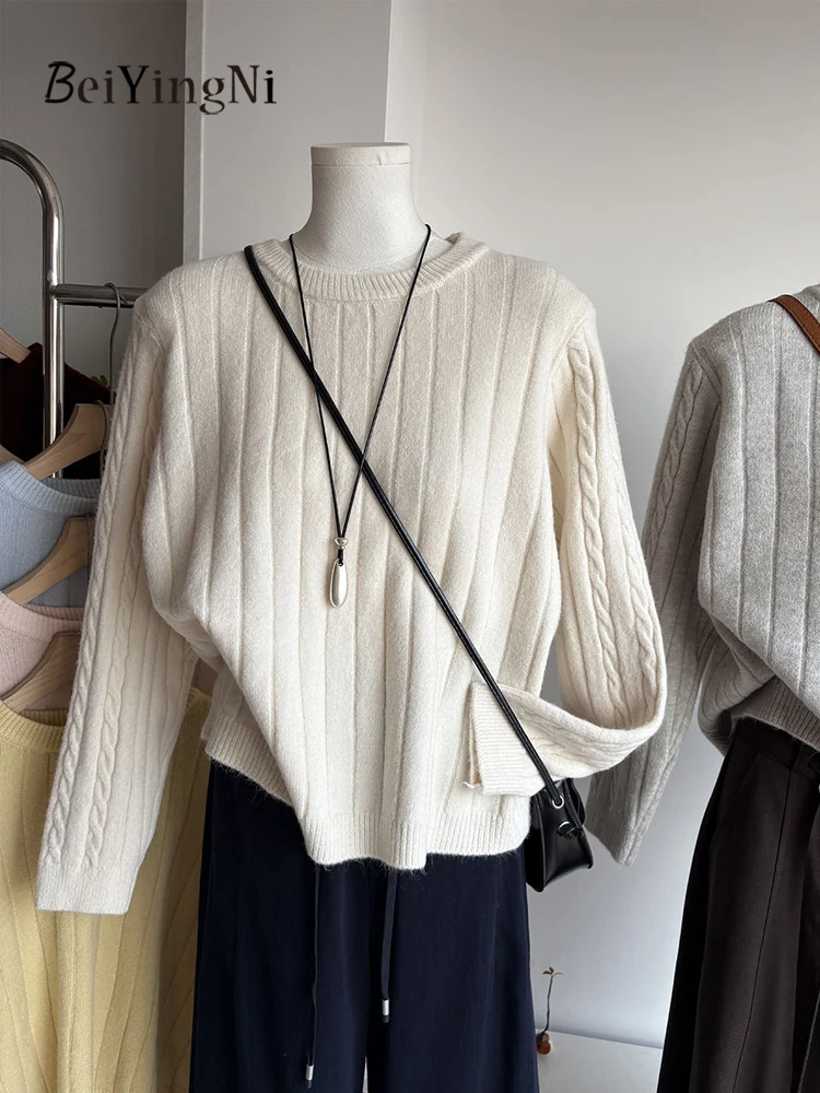 Beiyingni Winter Fashion Women Sweater Solid Color Casual Kpop O-neck Pullover Female Loose Chic Warm Ribbed Tops 2026 Clothes