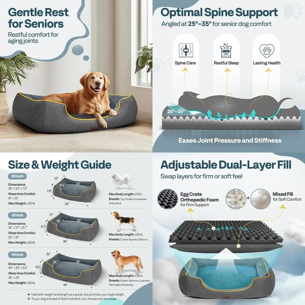 

XL Orthopedic Dog Bed with Removable, Washable Cover - Waterproof Lining, Non-Slip Base, Double-Sided Comfort, 44 Grey