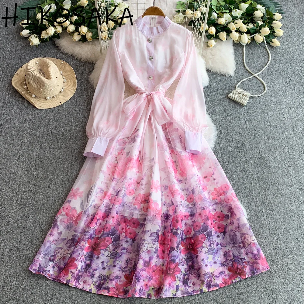 

French Style Temperament Fairy Slim Waist Bandage Dress Stand Collar Single Breasted Lantern Sleeve Robes Summer Sweet Vestidos