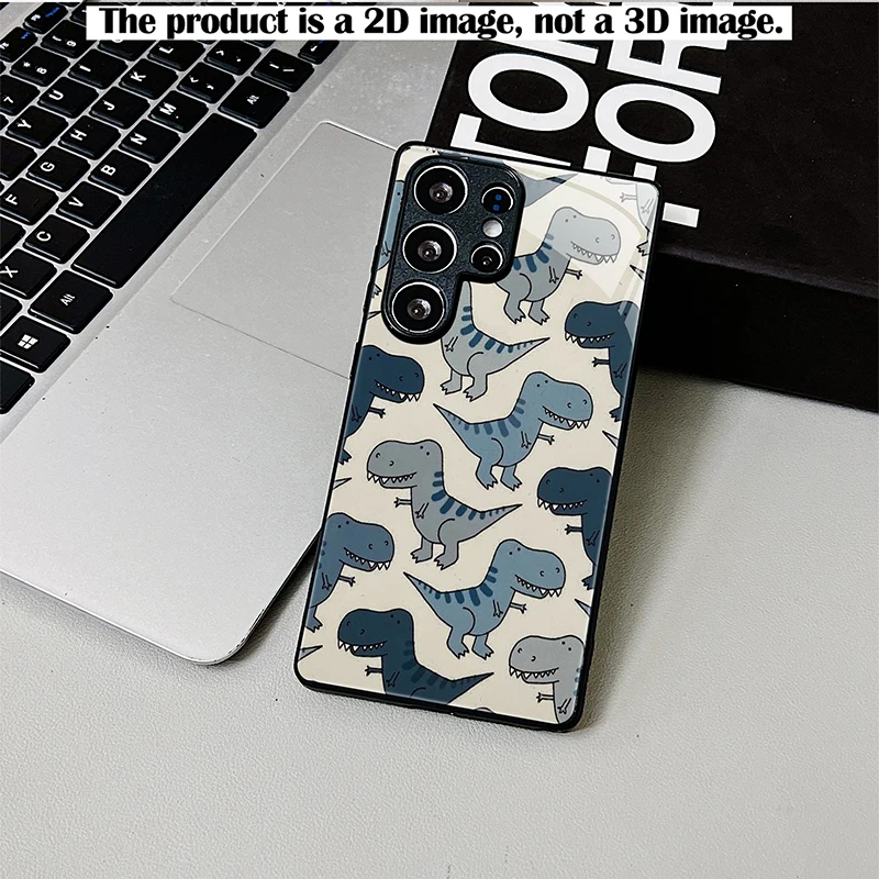 Blue Grey Full Print Dinosaur Phone Case,2D Print Black Glass Cover for Samsung S/A Series,Full Shockproof Protective Shell