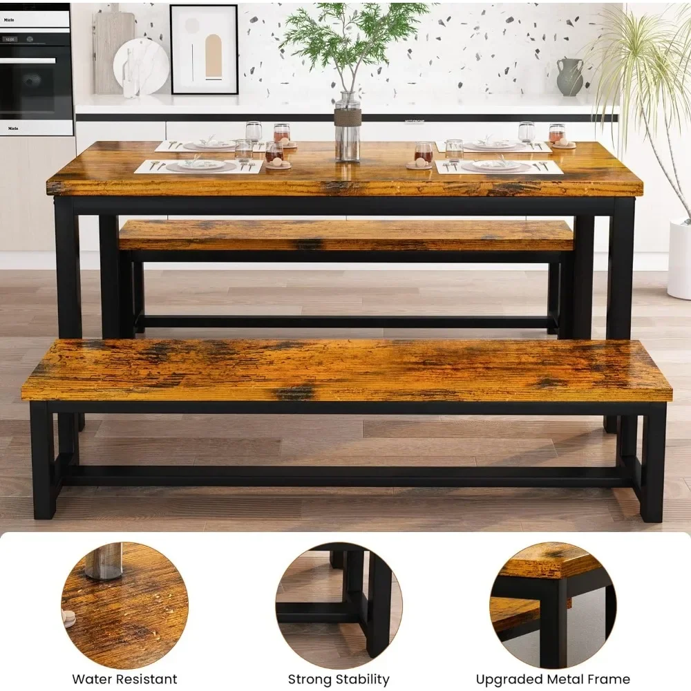 Juego de mesa de comedor para restaurante, conjunto de cocina con 2 bancos, 43,3x23,6x28,5 pulgadas, 38,5x11,8x17,5, color marrón industrial