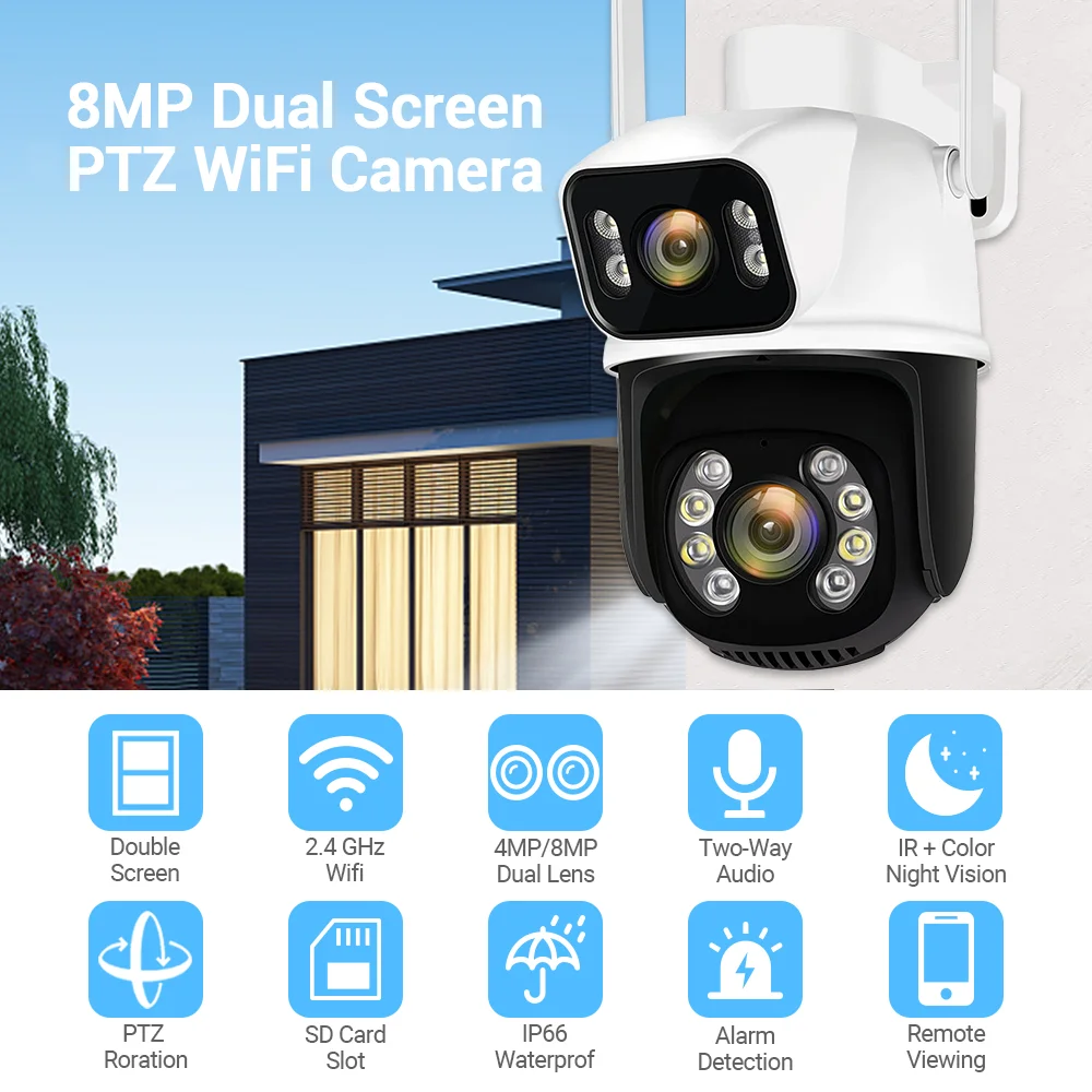 8MP 4K Dual Lens Wifi PTZ Camera Smart Home Night Vision Dual Screen Outdoor 6MP Security Protection CCTV IP Camera ICSEE APP