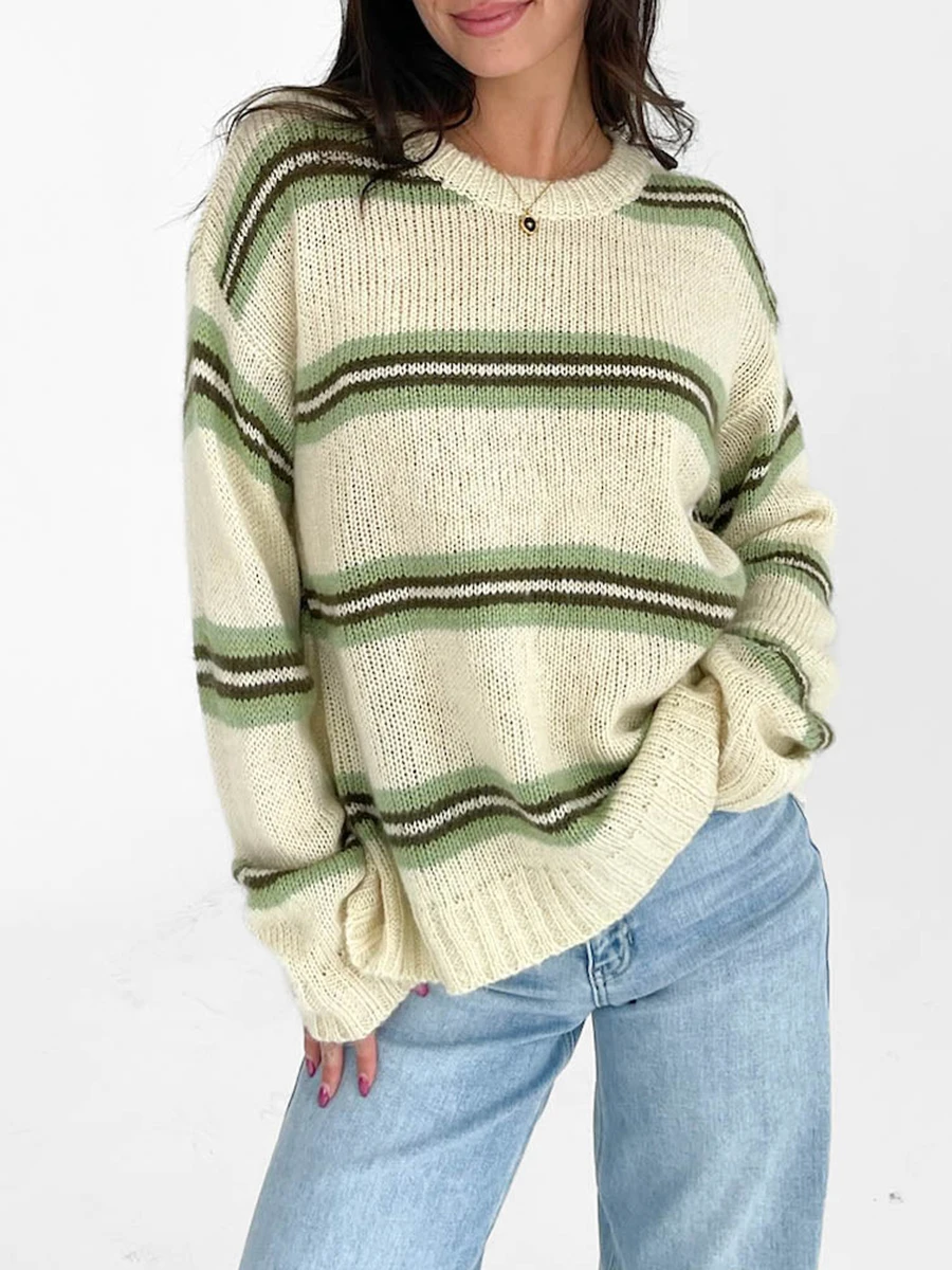 女性の居心地の良いクルーネックセーター、シックなストライプデザイン、秋のファッショニスタのための柔らかい長袖プルオーバーニットウェア