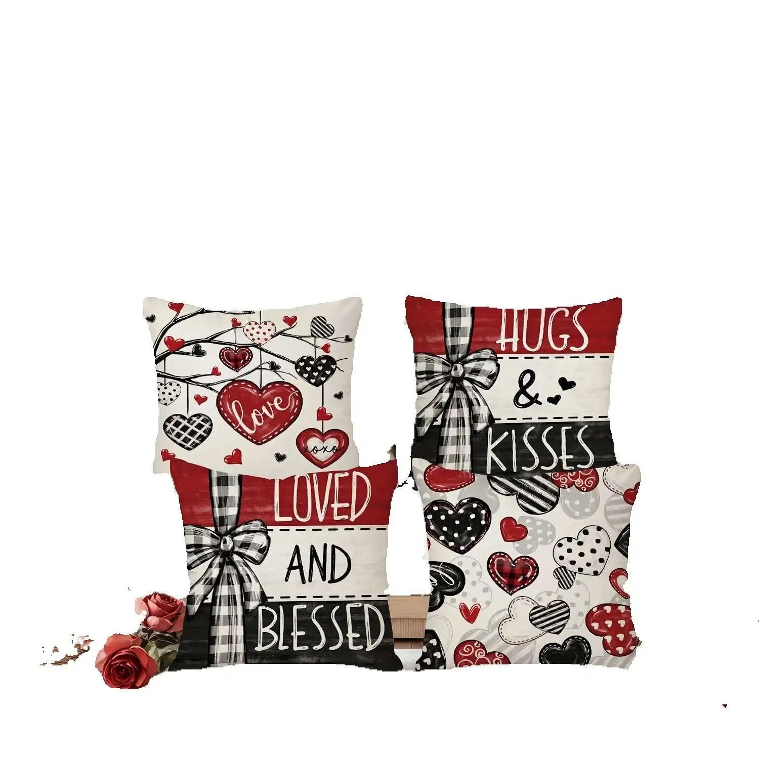 

4-Piece Set, Kissy Valentine's Day Red And Black Striped Bow Cushion Cover, X 18 Inches, Love Wedding Party Decoration