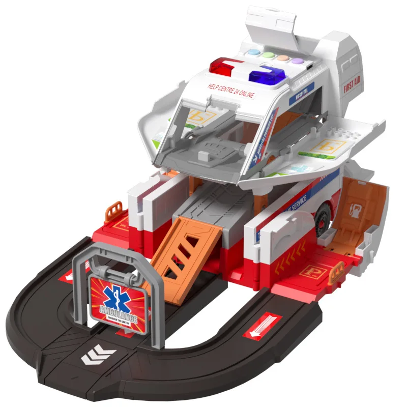 Storage scene car fire engineering deformation ambulance ejection track parking lot sound and light puzzle model toy gift