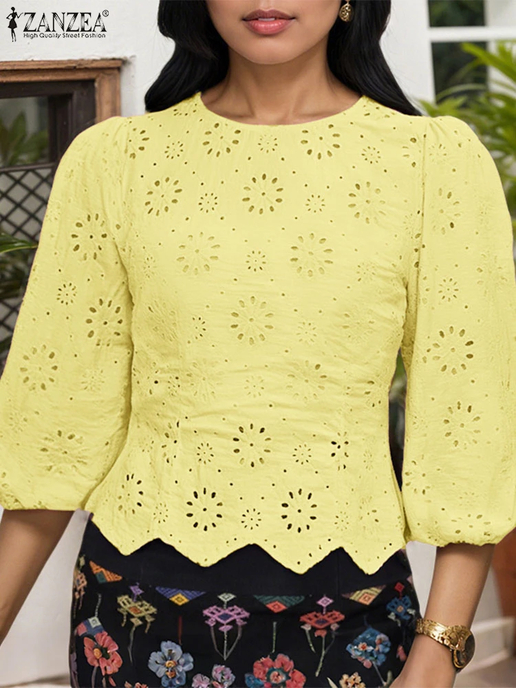 ZANZEA Fashion Women Lace Tops 2025 Summer Cotton Blouse Asymmetrical Hem Casual Loose Shirts 3/4 Puff Sleeve Blusas Femininas